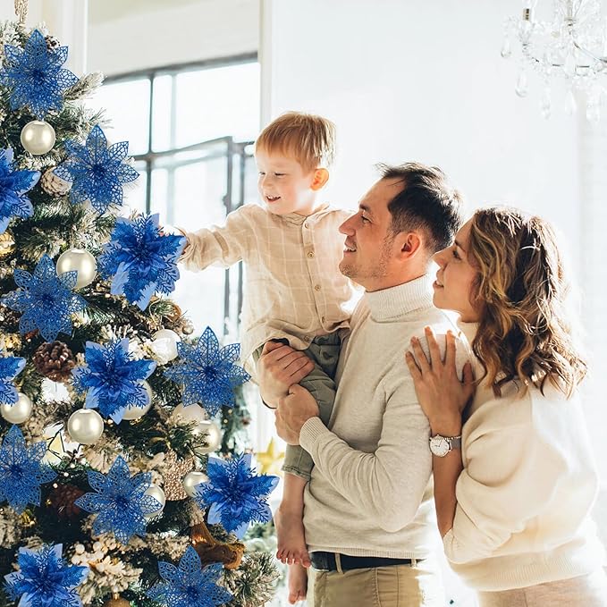 24Pcs Christmas Poinsettia Artificial Flowers and Glitter Berries Kit, 2 Styles Total 16Pcs Christmas Tree Flowers Ornaments, 8Pcs Christmas Tree Picks for Wedding Holiday Decorations, Baby Blue