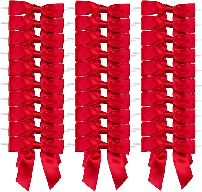 7Rainbows 30pcs Boutique 2.5" Red Satin Ribbon Twist Tie Bows for Tying Up Packages Gift Wrapping