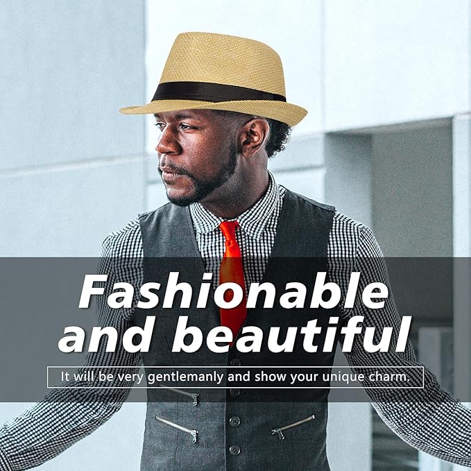 FADACHY Summer Straw Fedora Hat Short Brim Panama Sun Hat Trilby Beach Hat for Men & Women