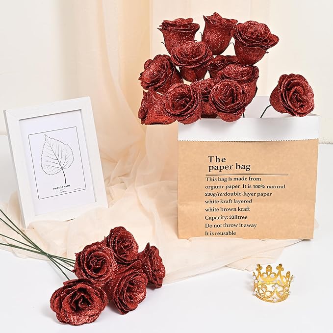 Waipfaru 36 Pcs Glitter Roses Bouquet, DIY Fake Flowers Bouquet, Artificial Red Rose Bouquet for Valentines, Mothers Day Gifts, Anniversary, Engagement, Wedding