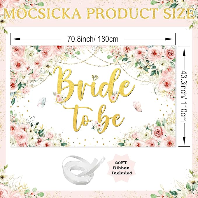 Mocsicka Bridal Shower Backdrop Pink Floral Bride to Be Banner Pink Engagement Bachelorette Party Decorations Photo Booth Props