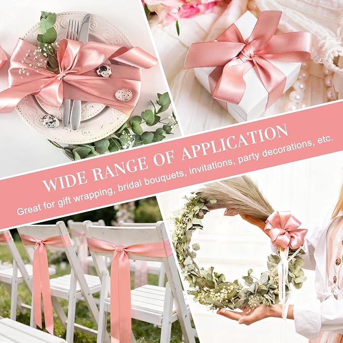 1-1/2 Inches 100 Yards Rose Gold Satin Ribbon, Ribbon Roll for Flower Bouquets, Gift Wrapping, Wedding, Handmade Crafts