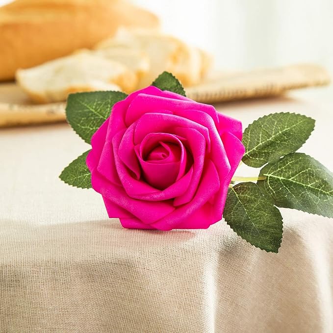 Hot Pink Foam Rose 50pcs Real Looking Fake Purple Rose with Stems Leaves for Home Decoration Party Garden Centerpieces DIY Wedding Bouquets（Hot Pink&Purple）