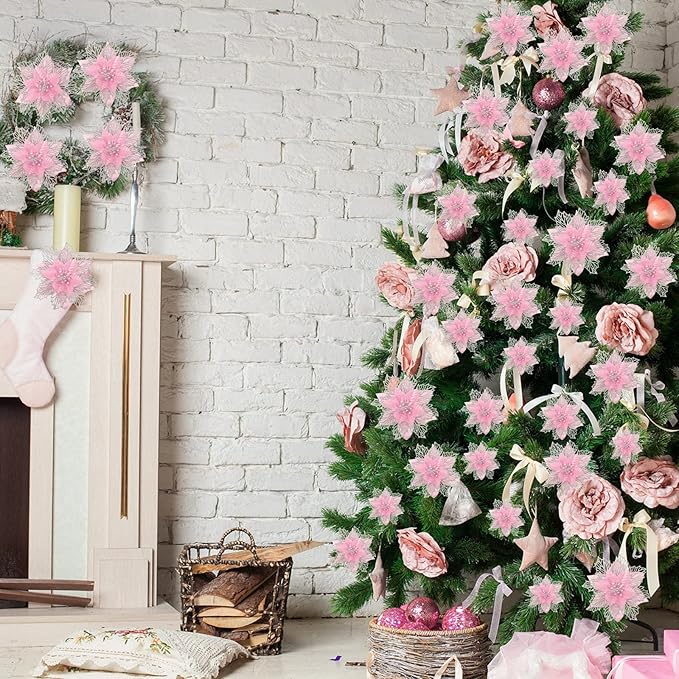 Geosar 24 Pieces Christmas Glitter Poinsettia Flowers Layered Artificial Xmas Flowers Wedding Christmas Tree New Year Ornaments 3/4/6 Inch(Pink)