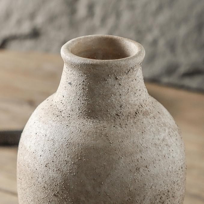 Handmade Rustic-Style Ceramic Decorative vase, Dimensions 8.3 x 5.5 inches, Featuring Distressed Gray and Terracotta hues, Suitable for Rustic, Country, and Various Decor Styles.