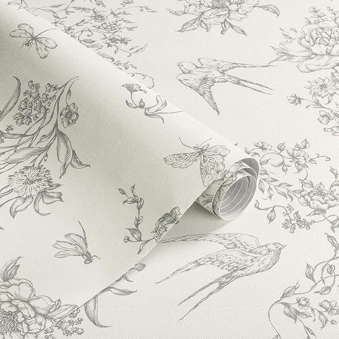 Cream White and Gray Peel and Stick Wallpaper Vintage Floral Contact Paper 16.9"x118.1" Floral Birds Self Adhesive Removable Wallpaper Grey Flowers Decorative Wall Paper for Bathroom Cabinets
