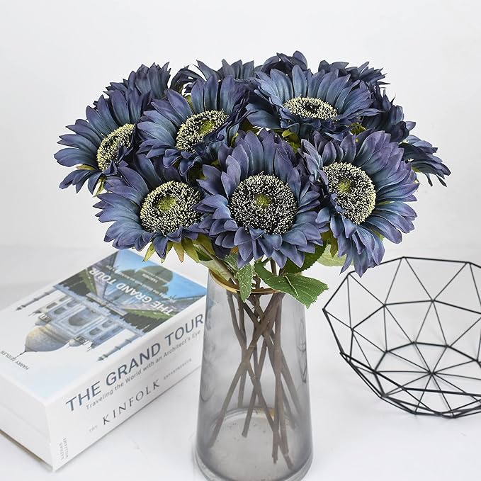 Blue Artificial Sunflower Flowers 8 Pcs Single Long Stem Silk Fake Sunflowers Bridal Wedding Bouquet Fake Yellow Flower Arrangements for Outdoor
