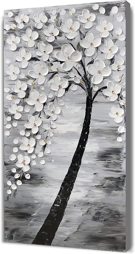 Yihui Arts 3D White Flower Canvas Wall Art Hand Painted Grey Paintings Vertical Artwork for Living Room Bedroom Hallway Decoration
