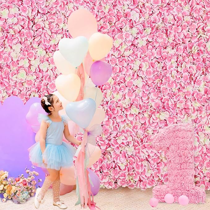 Pink Floral Wall Backdrop: 3D Silk Flower Panel 3.75ft x 7.5ft Artificial Hydrangea for Wedding Party Birthday Decoration (18 Pcs 15 x 15 Inch)