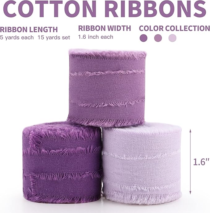 Purple Ribbon 1-1/2 x 15 Yards Handmade Cotton Frayed Fringe Fabric Ribbons for Crafts Flower Bouquets Wedding Baby Shower Home DIY Decor