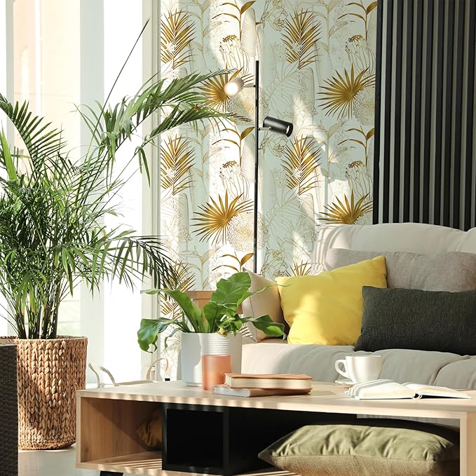 Gold/White Chrysanthemum Floral Peel and Stick Wallpaper - Tropical Palm Leaf Vintage Floral Contact Paper - Removable Wallpaper Vinyl Self Adhesive for Living Room Bedroom Shelf - 236.2"x17.71"