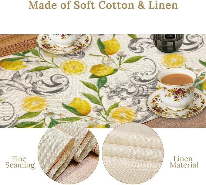 Lemon Table Runner , Summer Yellow Fruits Green Leaves Kitchen Dinning Table Decoration for Indoor Outdoor Home Party Decor 13"x108"