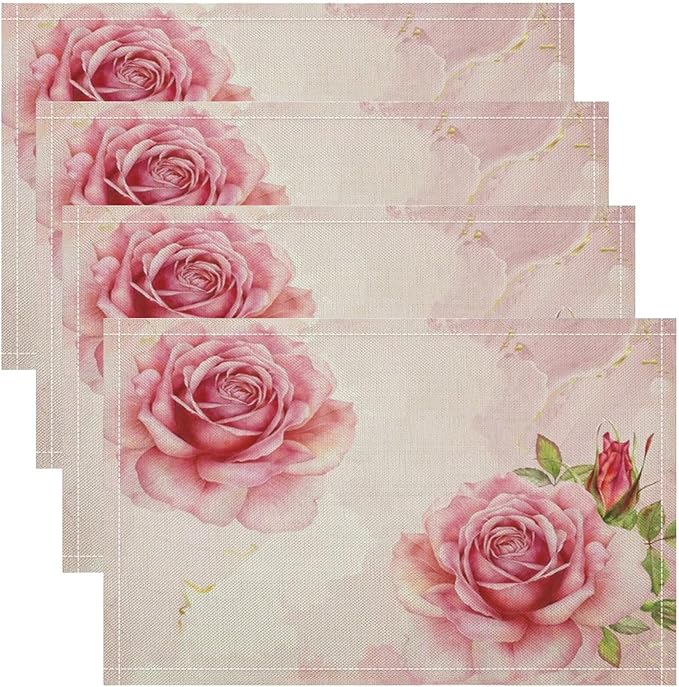 Pink Flower Placemats Set of 6, 17x12 Inch Romantic Watercolor Floral Rose Print Table Mats for Home Party Kitchen Dining Decor