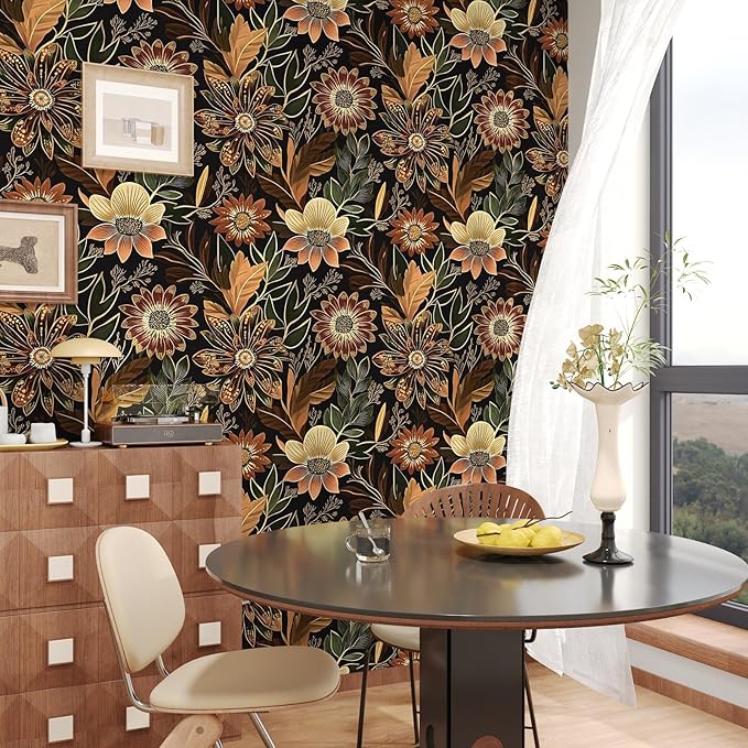 Boho Wallpaper Peel and Stick Dark Floral Wallpaper for Cabinet Vintage Contact Paper Waterproof Self Adhesive Removable Modern Wall Paper for Bedroom Stair Bathroom 17.5in x118in