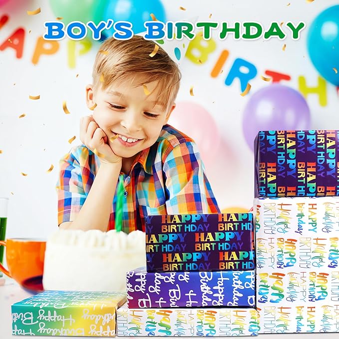 BWLOIES Wrapping Paper Birthday Wrapping Paper Sheets Hradient Multi-colour Happy Birthday Paper Set Include Bday Gift Wrap withTags & Ribbon,Present wrap for Boys Men Girls Women