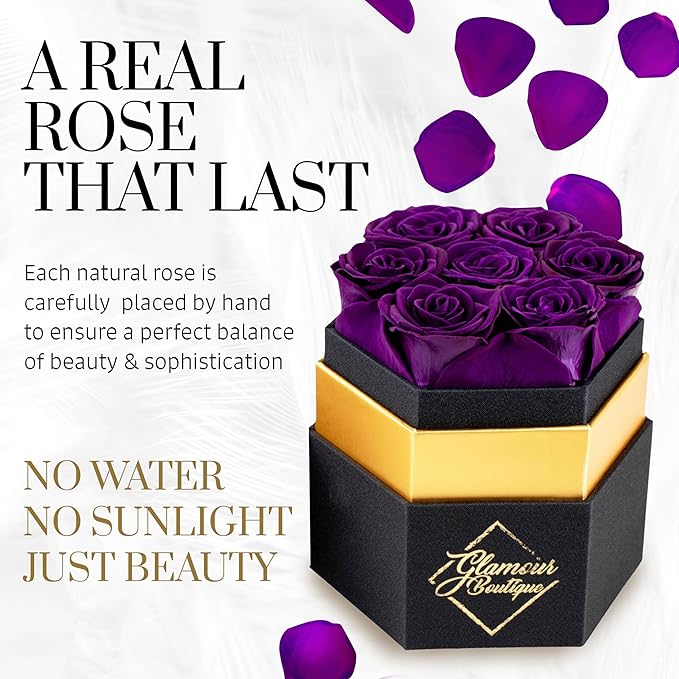 GLAMOUR BOUTIQUE Eternal Preserved Roses in a Box - Flowers Forever, Rose Forever in a Box for Wife, Birthday Gifts for Her, 7 Roses, Purple