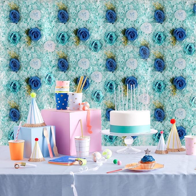 3D Flower Wall Backdrop - 6Pcs Artificial Flower Wall Panel 15 * 15inch Decoration Blue Roses Walls for Home Party Wedding Anniversary Birthday