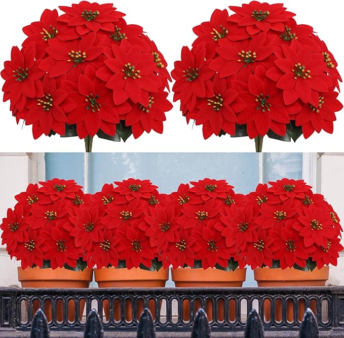 7 PCS Red Silk Poinsettia Flowers with 7 Heads - Artificial Christmas Floral Bouquet for Xmas Party, Winter Holiday Decor, Table Arrangements, Home & Seasonal Displays