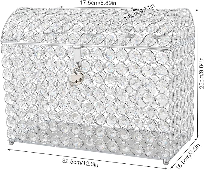 Crystal Wedding Card Box With Heart Lock Silver Treasure Chest Money Card Box Gift Decorative Memory Box for Wedding Birthday Graduation Party Decoration