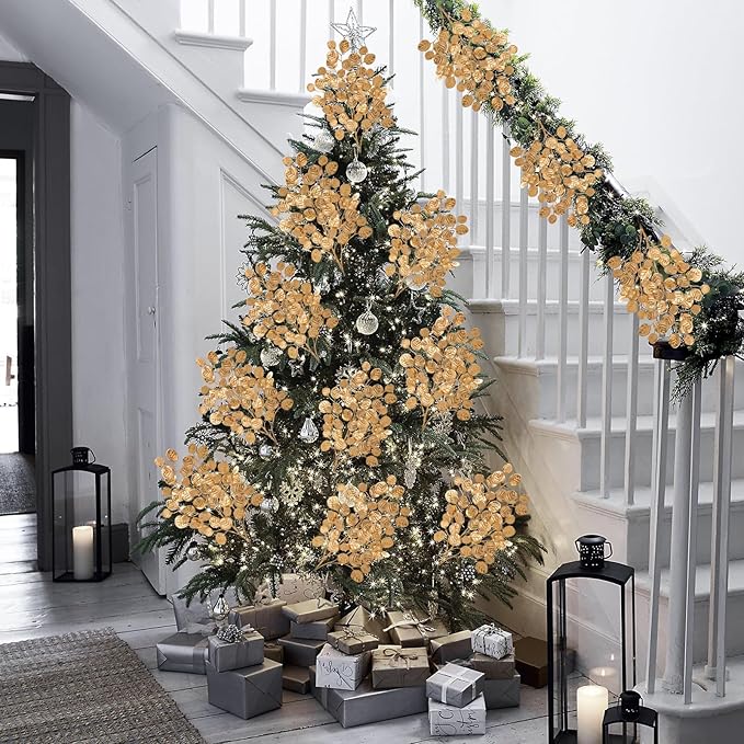 Hollyone 24.8” Christmas Tree Picks and Sprays 3Pcs Golden Artificial Eucalyptus Stems Eucalyptus Silver Dollar Leaves Branches Fake Gold Leaf Floral for Xmas Tree Garland Wreath Wedding Decor
