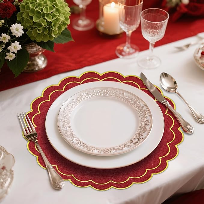 Set of 6 Christmas Round Placemats, 15 Inch Red Gold Christmas Cotton Linen Placemats with Scalloped Embroidery Edge Double Layered Washable Wrinkle Free Cloth Table Mats for Xmas Table Decor