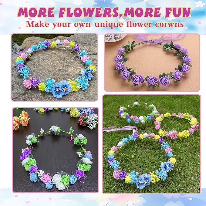 WUBOMJIO Flower Crowns Craft Kit, Make Your Own 12 PCs Floral Crowns Garland Handmade Arts and Crafts for Kids, DIY Fairy Flower Headbands and Bracelets,Hair Accessories for Girls/Teens/Women