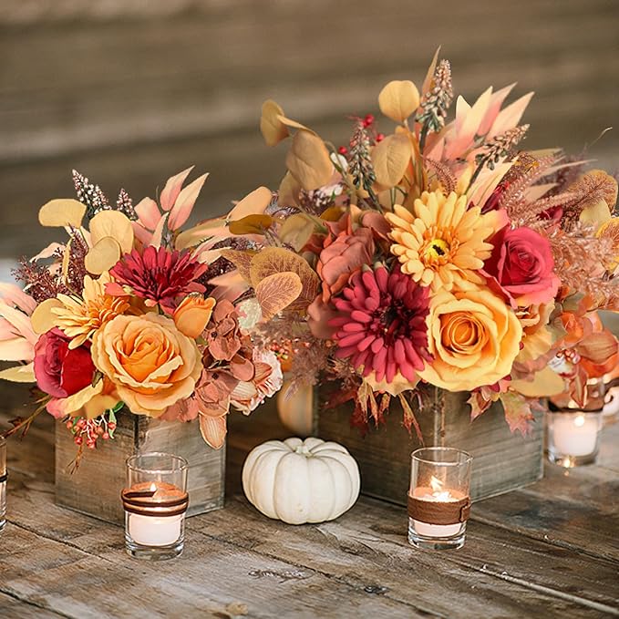 2 Pcs Artificial Fall Flowers Bouquet for Decoration, Fall Fake Silk Flower Arrangement Faux Autumn Flowers Fall Decorations for Home Indoor Office Wedding Bride Bouquets Table Centerpieces Fall Decor