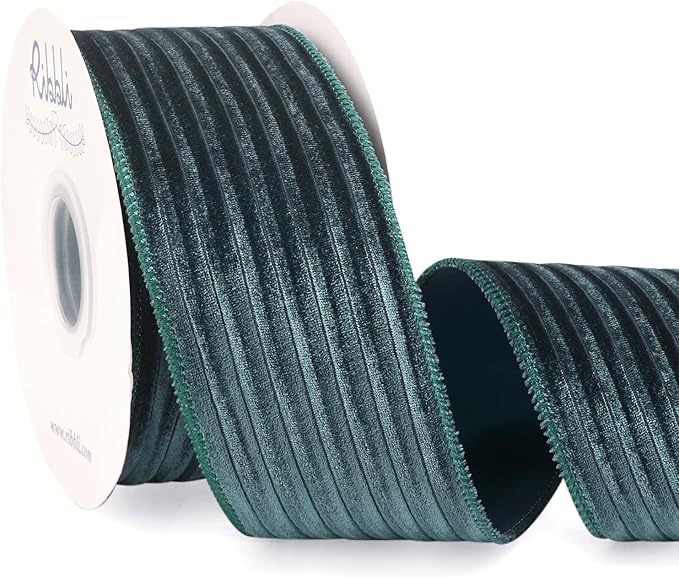 Ribbli Glossy Teal Green Velvet Wired Ribbon 2.5 Inch Striped Velvet Christmas Ribbon for Gift Wrapping Christmas Tree Decoration Crafts Wreaths Supplies-Continuous 10 Yards