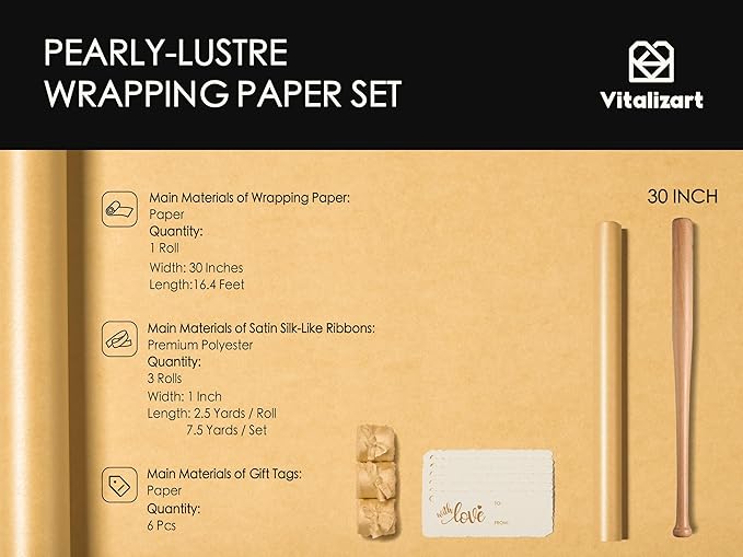 Vitalizart Gold Wrapping Paper Set 30" Pearly-Lustre With Silk Like Satin Ribbon & Gift Tags Recyclable Christmas Gift Wrapping Birthday Baby Shower Wedding Handmade Crafts 197"(16.4 Ft)