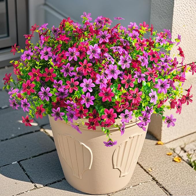 Homsunny Artificial Mums Fake Flowers for Outdoors Decoration, 12 Bundles Faux Silk Daisy Plants UV Resistant for Outside Garden Front Door Porch Planter Patio Yard (Light and Fuchsia)