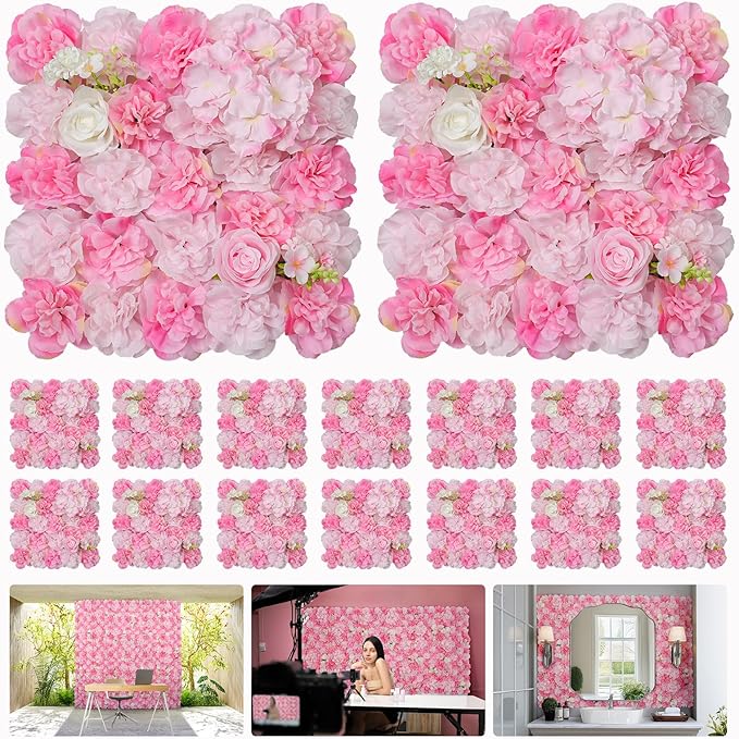 Artificial Flower Wall Backdrop 16pcs 16.5x16.5 Inch Silk Rose Floral Wall Panel Decor Ideal for Wedding Celebrations, Festive Party Birthday Backdrops and Elegant Home Decor-Light Gold Pink