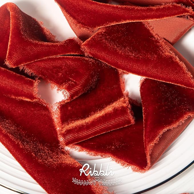 Ribbli Rust Red Velvet Ribbon 1.5 Inch Handmade Frayed Vintage Christmas Ribbon for Gift Wrapping Christmas Tree Ornament Wreath Craft Home Decor -3 Yards
