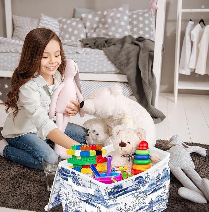 susiyo Beautiful Ink Chinoiserie Pagodas Storage Bin Large Collapsible Storage Box Stackable design Fabric Storage Bins with Lids Decorative Multi-Color Foldable Organizing Baskets For Closet, Utility