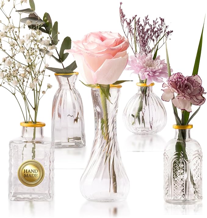 Luxury Glass Bud Vase Set of 5 – Hand Painted Gold Rim Mini Vases, Elegant Small Glass Vases for Centerpieces, Vintage Clear Flower Vases for Wedding, Table, Home & Party Décor