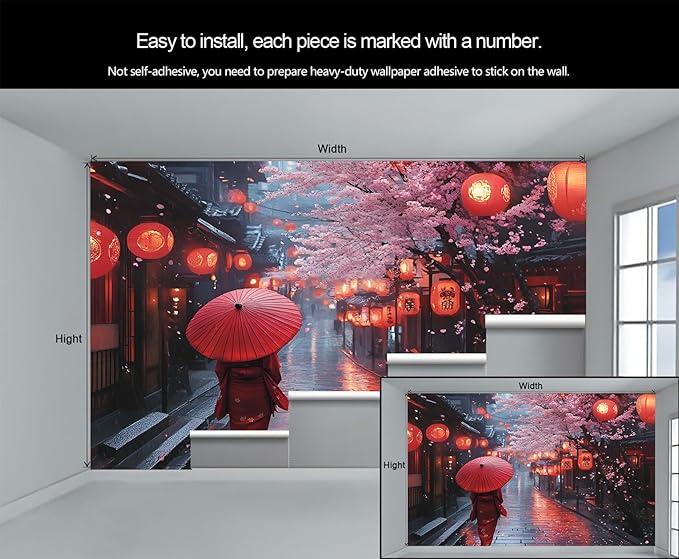 Japanese Street Wall Mural, Cherry Blossom Lantern Scene 3D Wall Murals, Romantic Rainy Evening Japan Wallpaper Mural, for Living Room Bedroom Large Wallpaper Indoor Decor 169.3" W x118.2 H