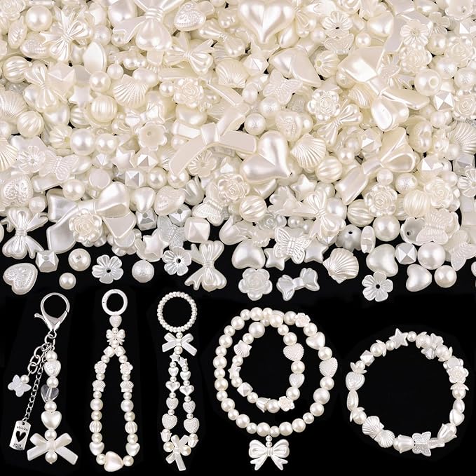 Assorted 270-320PCS Mix ABS Imitation Pearl Beads for Bracelet Making, Bow Heart Kawaii Acrylic Beads,Cute Bead for Jewelry Making DIY Necklace Keychain Phone Charm Christmas Gifts