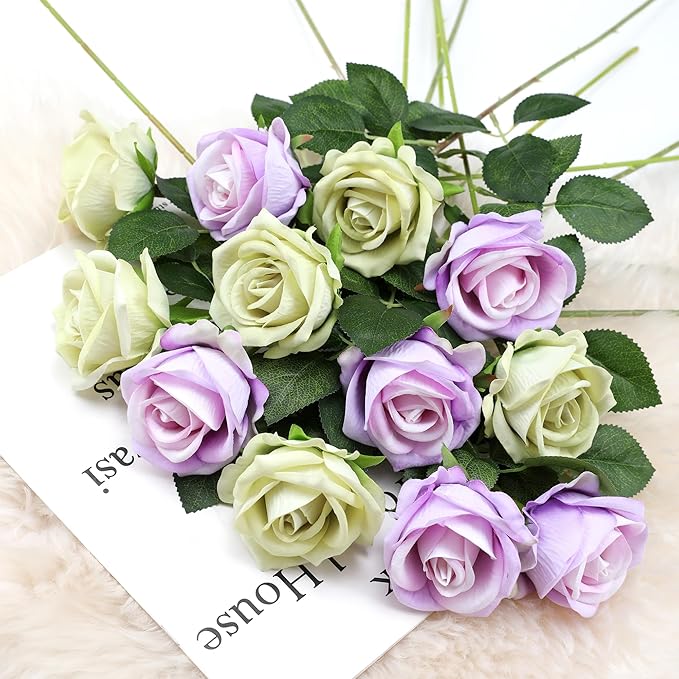 Hawesome Fake Roses Artificial Silk Flowers - 12 Pcs Green Roses Artificial Faux Flowers with Stems for Home Wedding Centerpiece Hotel Office Decor