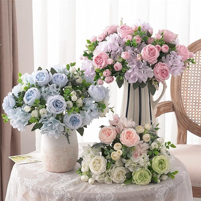 4 Bunches Artificial Flowers for Decoration Blue Peonies Fake Roses Arrangements Table Centerpiece Faux Flores for Wedding Home Vase Decor