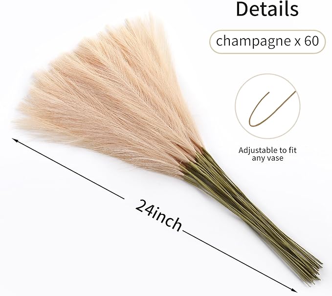 Faux Champagne Pampas Grass - 60pcs 24 Inch Boho Home Decor, Artificial pompas Floral for Table Centerpieces, Farmhouse and Baby Shower Decorations (Champagne, 60 Pieces)