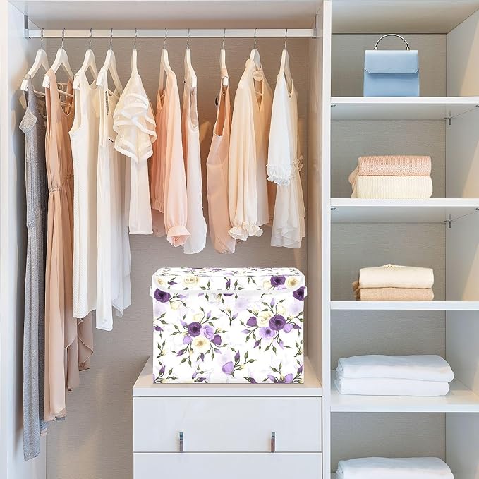 Flower Baskets Collapsible Storage Bins with Lids, Purple Green Rose Flower Storage Boxes Clothes Baskets for Organizing