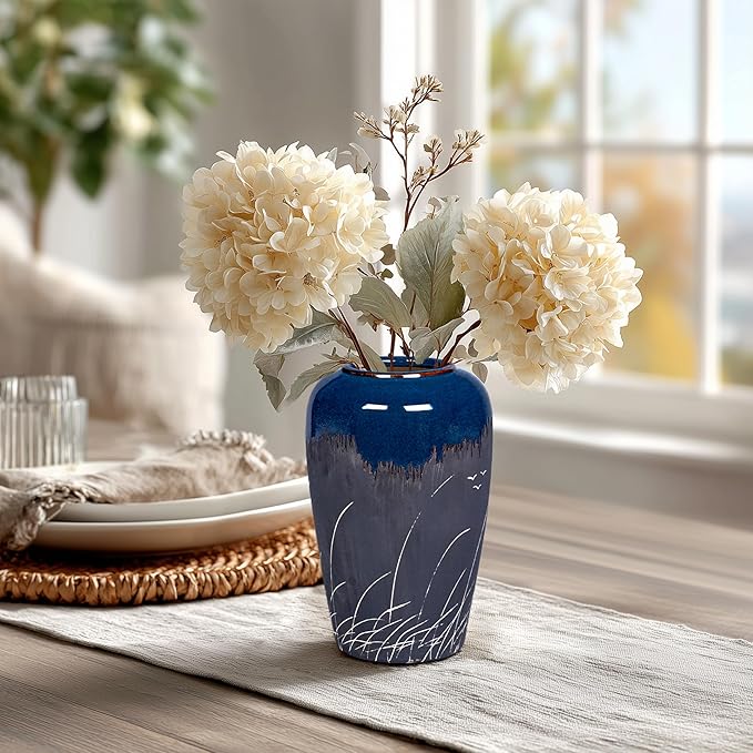 Black and Navy Blue Vase, 8 Inch Dark Blue Ceramic Vase for Flowers, Modern Decorative Vases for Home Decor, Coastal Living Room Decor, Navy Table Centerpiece