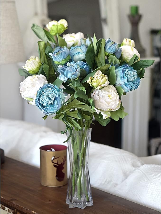 FiveSeasonStuff Vintage Dusty Blue Peonies – Realistic Artificial Silk Flowers with Dry-Look Petals, 6 Stems for Rustic Home & Wedding Bridesmaids Bouquet Bridal Showers