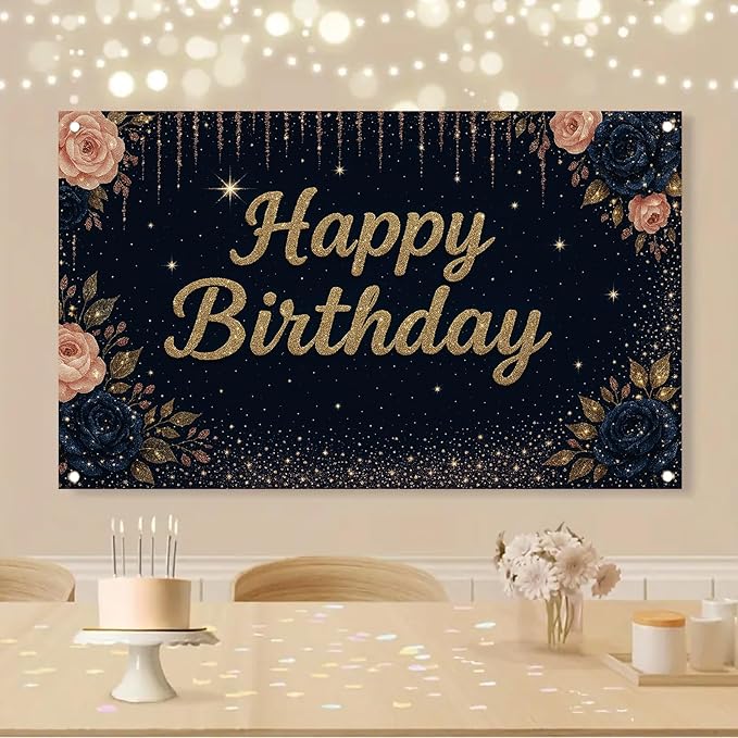 Happy Birthday Backdrop Banner Navy Blue Gold Glitter Rose Floral Birthday Party Decorations Photography Background Wedding Baby Shower Decor Booth Studio Props Supplies 71 x 43 Inch