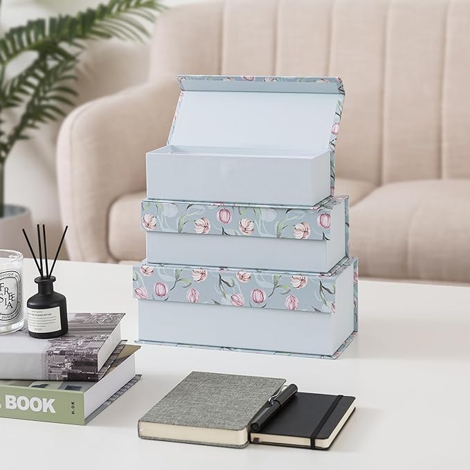 Soul & Lane Decorative Storage Boxes with Lids, Set of 3 Cardboard Boxes for Home Décor and Documents, Memory Organizers for Keepsakes with Magnetic Closure, Photo Storage, Spring Classic