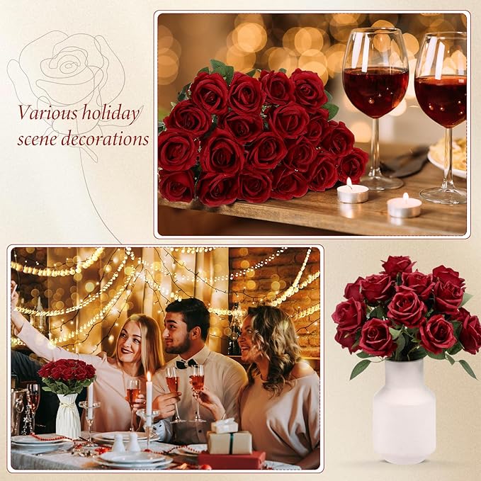 Hotop 20 Pcs Artificial Rose Flowers with Long Stem,Real Touch Silk Realistic Plastic Bouquet Roses Bulk for Home Decor Bridal Wedding Party Table Centerpieces Decorations(Wine Red)