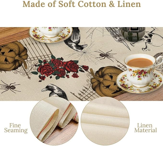 Gothic Floral Table Runner, Retro Dark Skull Crow Vintage Flower Halloween Pumpkin Witchy Coffee Table Center Decor for Home Kitchen Dining Patio Holiday Party Table Decorations 13x90 inches