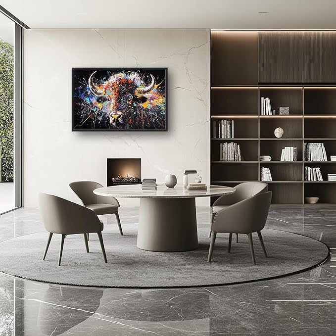 Large Graffiti Highland Cow Wall Art for Living Room, Framed Oversized Bison Buffalo Wall Decor Banksy Canvas Painting Animal Pictures Modern Artwork for Living Room Bedroom Office 36"x24"