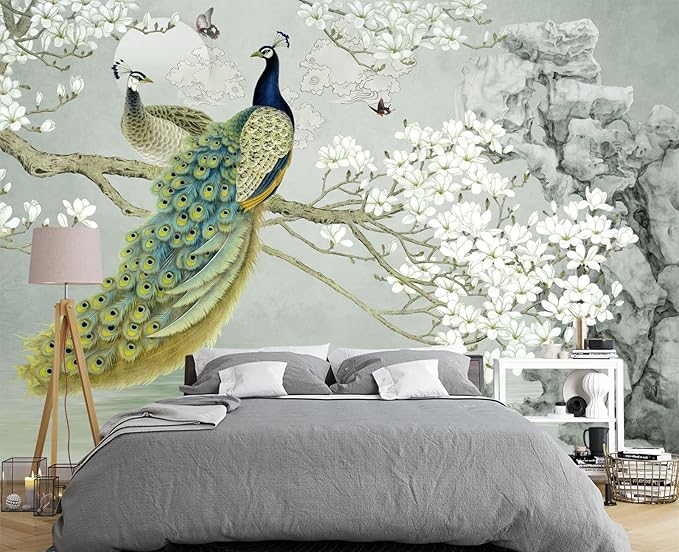 Magnolia Flower Peacock Chinoiserie Wallpaper for Bedroom 103" x 69"