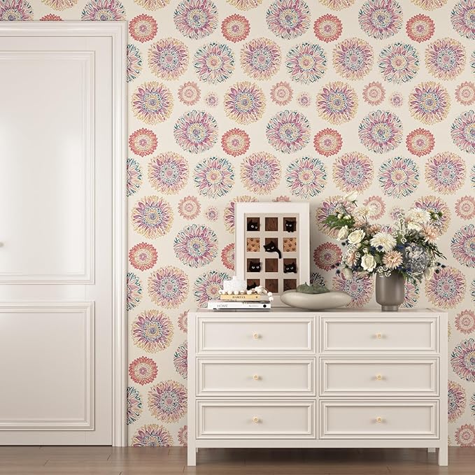 Beige Boho Wallpaper Peel and Stick, Vintage Circle Floral Contact Paper 17.5" x 393", Abstact Retro Blue/Pink Flower Wall Paper Self Adhesive Removable Waterproof for Walls Shelves Cabinet Table
