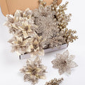 24Pcs Christmas Poinsettia Artificial Flowers and Glitter Berries Kit, 2 Styles Total 16Pcs Christmas Tree Flowers Ornaments, 8Pcs Christmas Tree Picks for Wedding Holiday Decorations, Champagne